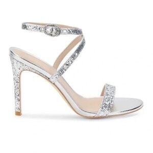 Stuart Weitzman Silver Glitter Crystal Buckle High Heel Sandal 10.5